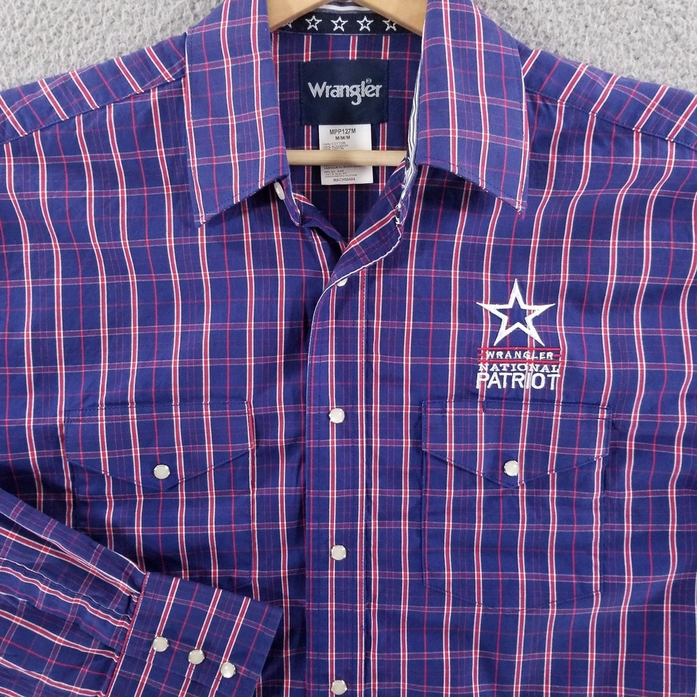 Wrangler Shirt Medium Blue Pearl Snap National Patriot Rodeo Competition USA